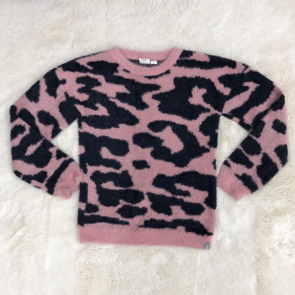 Deux Par Deux Girls Size 8 Furry Pink & Blue Animal Print Sweater